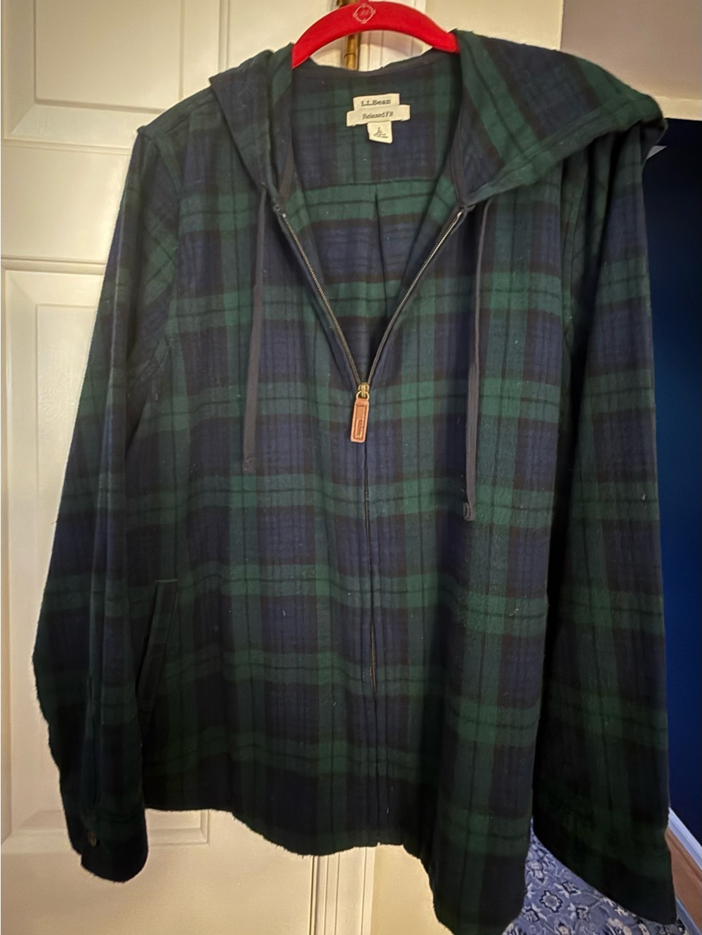 Ladies L.L. Bean Green & Navy Plaid Hooded Zip Shirt Jacket